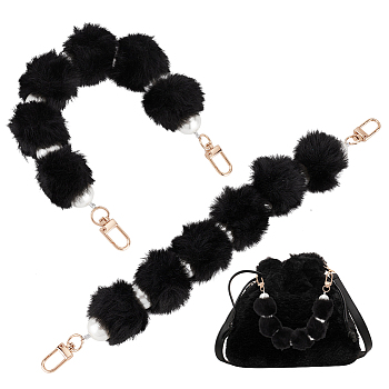 Fluffy Short Bag Straps, Alloy Decorative Chain with Swivel Clasp & Imitation Plastic Pearl, Black, 30x3.5cm
