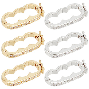 6Pcs 2 Colors Rack Plating Brass Micro Pave Clear Cubic Zirconia Peanut Twister Clasps, for 3-Strand Pearl Bracelet Making Finding Clasps, Mixed Color, 25x4x4mm, 3pcs/color