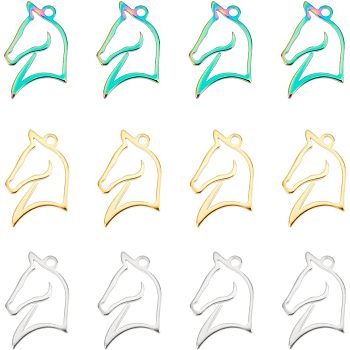 12Pcs 3 Colors 304 Stainless Steel Pendants, Horse, Mixed Color, 21x14.5x1.5mm, Hole: 1.8mm, 4pcs/color