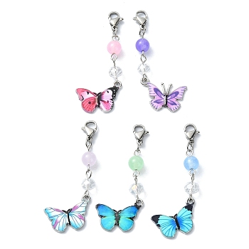 Printed Alloy Butterfly Pendant Decorations, Natural & Dyed Malaysia Jade and Lobster Claw Clasps Charm, Mixed Color, 54mm