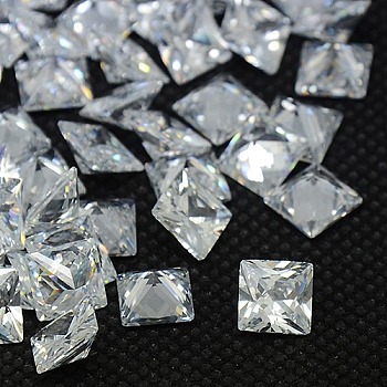 Cubic Zirconia Cabochons, Grade A, Faceted, Square, Clear, 6x6x3.6mm