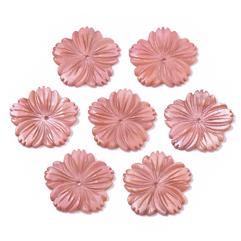 Natural Freshwater Shell Beads, Carved, Dyed, Flower, Light Coral, 28x28x3mm, Hole: 1.6mm