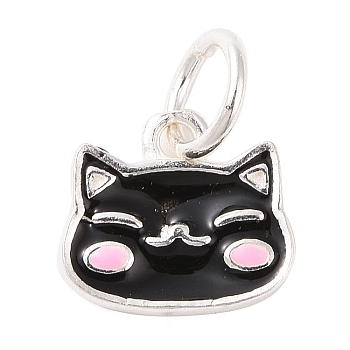 Cat Shape 925 Sterling Silver Charms, with Enamel and Jump Rings & S925 Stamp, Black, 8x9x1.3mm, Hole: 3.6mm