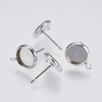 304 Stainless Steel Stud Earring Settings, with Loop, Flat Round, Stainless Steel Color, 13x10mm, Hole: 2mm, Pin: 0.7mm, Tray: 8mm