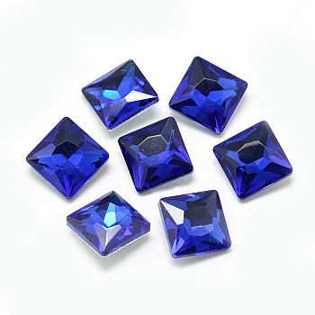 Pointed Back Glass Rhinestone Cabochons, Back Plated, Faceted, Square, Royal Blue, 8x8x3.5mm