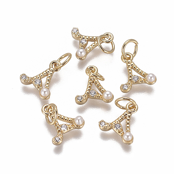 Brass Charms, with Cubic Zirconia and Shell Pearl Bead, Letter, Golden, Clear, Letter.A, 9.5~11x3.5~10.8x3~3.5mm, Hole: 3.5mm