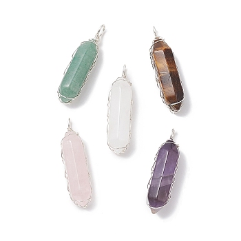 Natural Mixed Gemstone Double Terminal Pointed Pendants, Faceted Bullet Charms with Copper Wire Wrapped, Silver, 37~38x10x9.5mm, Hole: 2.5mm