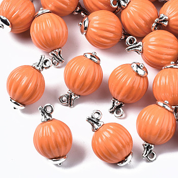 Autumn Theme Opaque Acrylic Pendants, with Alloy Findings, Cadmium Free & Lead Free, Antique Silver, Pumpkin, Light Salmon, 13.5~14x12mm, Hole: 1.6mm