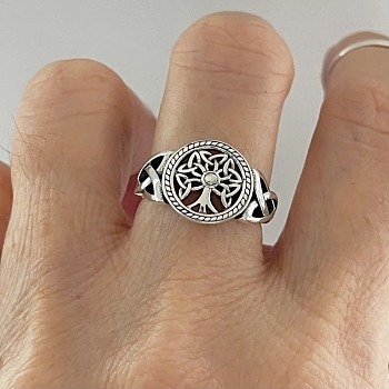 Alloy Plain Band Rings,Tree of Life, Flat Round, Antique Silver, US Size 6(16.5mm)