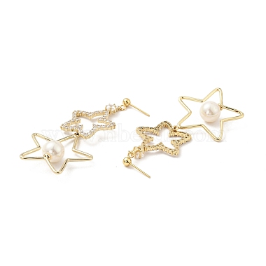 Clear Cubic Zirconia Stars Dangle Stud Earrings with Acrylic Pearl(EJEW-G297-06G)-2