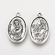 Tibetan Style Alloy Pendants, ST. FRANCIS OF ASSISI MEDAL, Oval, Cadmium Free & Lead Free, Antique Silver, 25x15.5x2.5mm, Hole: 1.5mm(TIBE-Q078-07AS-RS)