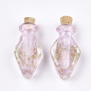 Luminous Handmade Gold Sand Lampwork Pendants, with Wood Stopper, Perfume Bottle, Pink, 31.5~32x17.5~18x9~9.5mm, Hole: 4.5mm, Bottle Capacity: 0.5ml(0.017 fl. oz)(LAMP-S177-03G)
