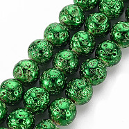 Electroplated Natural Lava Rock Beads Strands, Round, Bumpy, Green, 8~8.5mm, Hole: 1mm, about 46pcs/strand, 14.5 inch(X-G-T098-01C-02)
