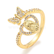 Butterfly & Heart Brass Micro Pave Cubic Zirconia Open Cuff Rings, Long-Lasting Plated, Cadmium Free & Lead Free, Real 18K Gold Plated, US Size 6(16.5mm)(RJEW-P094-01G)