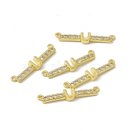 Rack Plating Brass Micro Pave Clear Cubic Zirconia Connector Charms, Real 18K Gold Plated, Long-Lasting Plated, Cadmium Free & Nickel Free & Lead Free, Letter Links, Letter.U, 6x27.5x2.5mm, Hole: 1.2mm(KK-C007-37G-U)