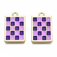 Rack Plating Alloy Checkerboard Pendants, with Enamel, Cadmium Free & Lead Free, Light Gold, Rectangle with Grid Pattern, Indigo, 22x13.5x2mm, Hole: 2mm(PALLOY-S132-256C-RS)