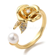 Rose Rack Plating Brass Micro Pave Clear Cubic Zirconia Cuff Rings for Women, with with ABS Plastic Pearl, Cadmium Free & Lead Free, Long-Lasting Plated, Real 18K Gold Plated, Inner Diameter: 17mm(RJEW-G323-03G)