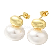 Rack Plating Brass Stud Earrring, with ABS Plastic Imitation Pearl, Long-Lasting Plated, Cadmium Free & Lead Free, Oval, Real 18K Gold Plated, 19x16mm(EJEW-L097-20G)