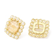 Natural Citrine Square Stud Earrings with Plastic Pearl Beaded, Real 14K Gold Plated Brass Jewelry, 18x18mm(EJEW-E599-03G-03)