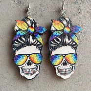 Natural Wood Dangle Earrings, with Iron Earring Hooks, Skull with Spectacles, Platinum, Colorful, 80mm(GUQI-PW0001-165A)