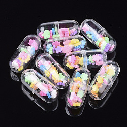 Openable Transparent Plastic Capsule Container, with Handmade Polymer Clay Cabochons Inside, Pill with Flower, Colorful, 24x10.5mm(KY-S159-03H)