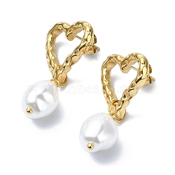 Ion Plating(IP) 304 Stainless Steel Heart Dangle Stud Earrings, Plastic Pearl Drop Earrings, Golden, 37.5x20mm(EJEW-G375-02G)