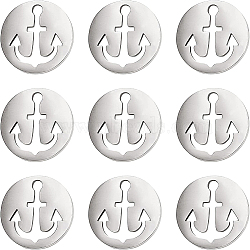 BENECREAT 30Pcs 304 Stainless Steel Charms, Flat Round with Anchor, Stainless Steel Color, 12x1mm, Hole: 1.5mm(STAS-BC0002-97)