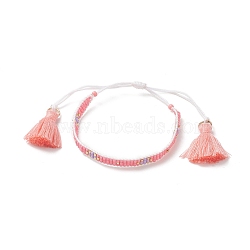 Tassel Charm Bracelet, Handmade Japanese Seed Cross Braided Adjustable Bracelet for Women, Pink, Inner Diameter: 1-3/4~3-3/4 inch(4.5~9.5cm)(BJEW-MZ00016)