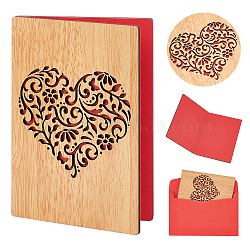 Rectangle with Pattern Wooden Greeting Cards, with Red Paper InsidePage, with Rectangle Blank Paper Envelopes, Heart Pattern, Wooden Greeting Card: 1pc, Envelopes: 1pc(DIY-CP0006-75G)