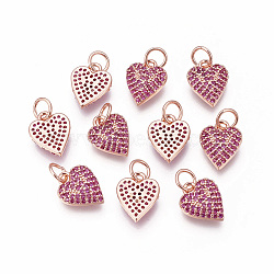 Brass Micro Pave Cubic Zirconia Charms, Heart, Magenta, Rose Gold, 11.5x9x2mm, Hole: 3~3.5mm(ZIRC-F095-11RG)