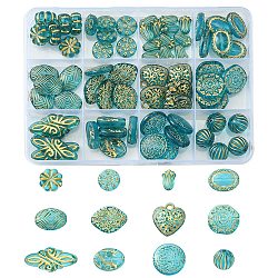 12 Styles Plating Acrylic Beads, Metal Enlaced, Mixed Shapes, Dark Turquoise, 12~30x8~18x4.5~6.5mm, Hole: 1.2~3mm(FIND-YW0003-05)