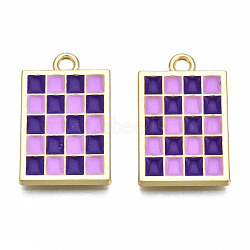 Rack Plating Alloy Checkerboard Pendants, with Enamel, Cadmium Free & Lead Free, Light Gold, Rectangle with Grid Pattern, Indigo, 22x13.5x2mm, Hole: 2mm(PALLOY-S132-256C-RS)