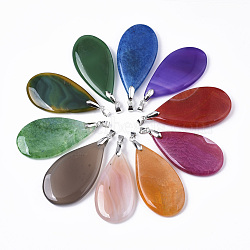 Natural Agate Big Pendants, with Platinum Plated Brass Pinch Bails, Dyed, Teardrop, Mixed Color, 55~60x30~33x6~9mm, Hole: 4x5mm(G-R467-09)