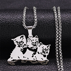 304 Stainless Steel Hollow Cute Cat Pendant Necklaces for Women, Non-Tarnish, Stainless Steel Color, 23.66 inch(60.1cm)(NJEW-K283-38P)