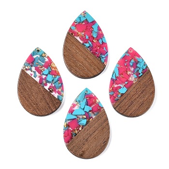 Transparent Resin & Walnut Wood Big Pendants, with Glitter Powder, Teardrop, Cyan, 51.5x33~33.5x3.5mm, Hole: 2mm