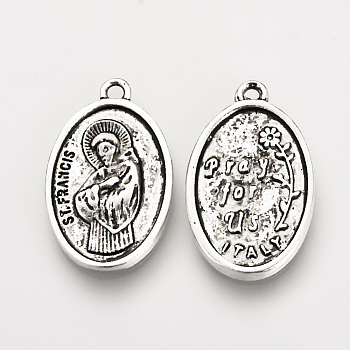 Tibetan Style Alloy Pendants, ST. FRANCIS OF ASSISI MEDAL, Oval, Cadmium Free & Lead Free, Antique Silver, 25x15.5x2.5mm, Hole: 1.5mm