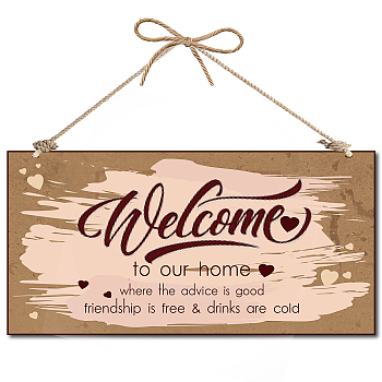Printed Wood Hanging Wall Decorations, for Front Door Home Decoration, with Jute Twine, Rectangle with Word, Pink, 30x15x0.5cm, Rope: 40cm