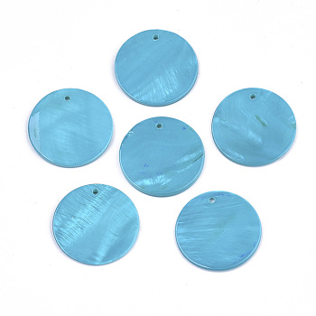 Natural Freshwater Shell Pendants, Flat Round, Spray Painted, Deep Sky Blue, 25x2mm, Hole: 1.5mm