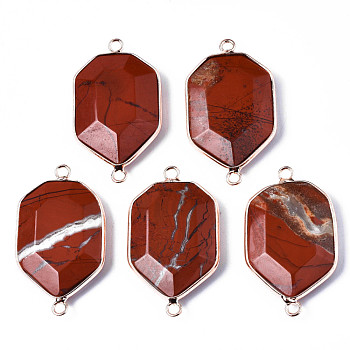 Natural Red Jasper Links Connectors, with Edge Rose Gold Plated Brass Findings, Faceted, Polygon, 39~40x22~23x5~7mm, Hole: 2.5mm