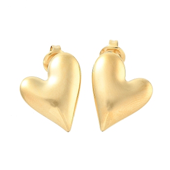 304 Stainless Steel Stud Earrings, Heart, Real 14K Gold Plated, 15.5x15mm