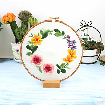 Flower Pattern DIY Embroidery Kit, including Embroidery Needles & Thread, Cotton Linen Cloth, Medium Violet Red, 290x290mm