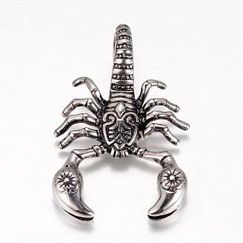 316 Surgical Stainless Steel Big Pendants, Scorpion, Antique Silver, 56.5~58.5x36~38x9mm, Hole: 13mm