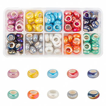 Electroplate Porcelain Beads, Large Hole Beads, AB Color Plated, Rondelle, Mixed Color, 12~13x6.5mm, Hole: 6mm, 10colors, 10pcs/color, 100pcs/box
