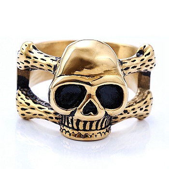 Titanium Steel Skull Finger Ring, Antique Golden, US Size 10(19.8mm)