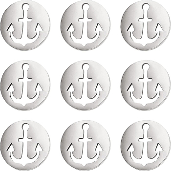 BENECREAT 30Pcs 304 Stainless Steel Charms, Flat Round with Anchor, Stainless Steel Color, 12x1mm, Hole: 1.5mm
