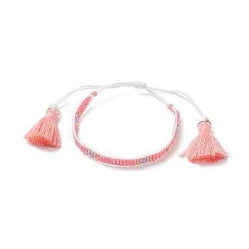 Tassel Charm Bracelet, Handmade Japanese Seed Cross Braided Adjustable Bracelet for Women, Pink, Inner Diameter: 1-3/4~3-3/4 inch(4.5~9.5cm)