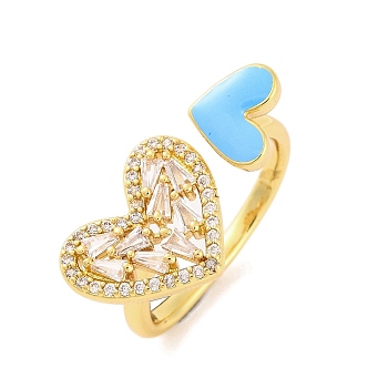 Brass Micro Pave Clear Cubic Zirconia Open Cuff Rings, Heart Enamel Ring for Women, Lead Free & Cadmium Free, Real 18K Gold Plated, Light Blue, Inner Diameter: 17.2mm