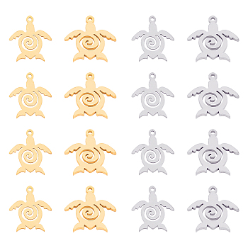 201 Stainless Steel Pendants, Tortoise, Golden & Stainless Steel Color, 19x17x1mm, Hole: 1.5mm, 2 colors, 8pcs/color, 16pcs/box