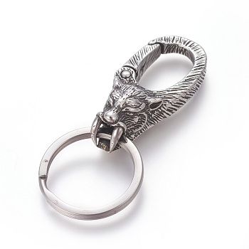 304 Stainless Steel Split Key Rings, Keychain Clasp Findings, Lion, Antique Silver, 68.5mm, Ring: 28x2.5mm, 22mm Inner Diameter