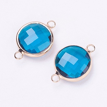 Glass Links connectors, with Brass Findings, Faceted, Flat Round, Light Gold, Dodger Blue, 22x14.7x6mm, Hole: 2mm